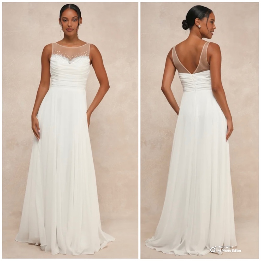 Lulus XS Legendary Love White Beaded Illusion Maxi Wedding Dress NWOT